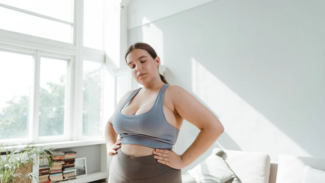 A confident woman in workout clothes at home