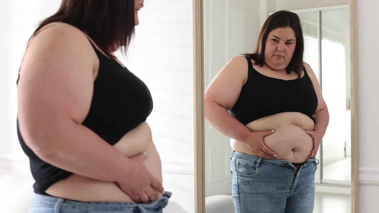 A woman checking her waistline in front of a mirror